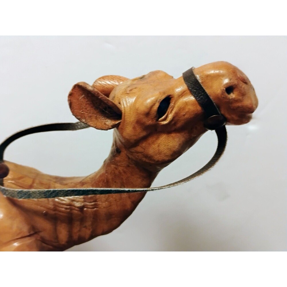 Vintage Leather Wrapped Camel Statue 7" Figurine with Saddle Handmade Folk Art